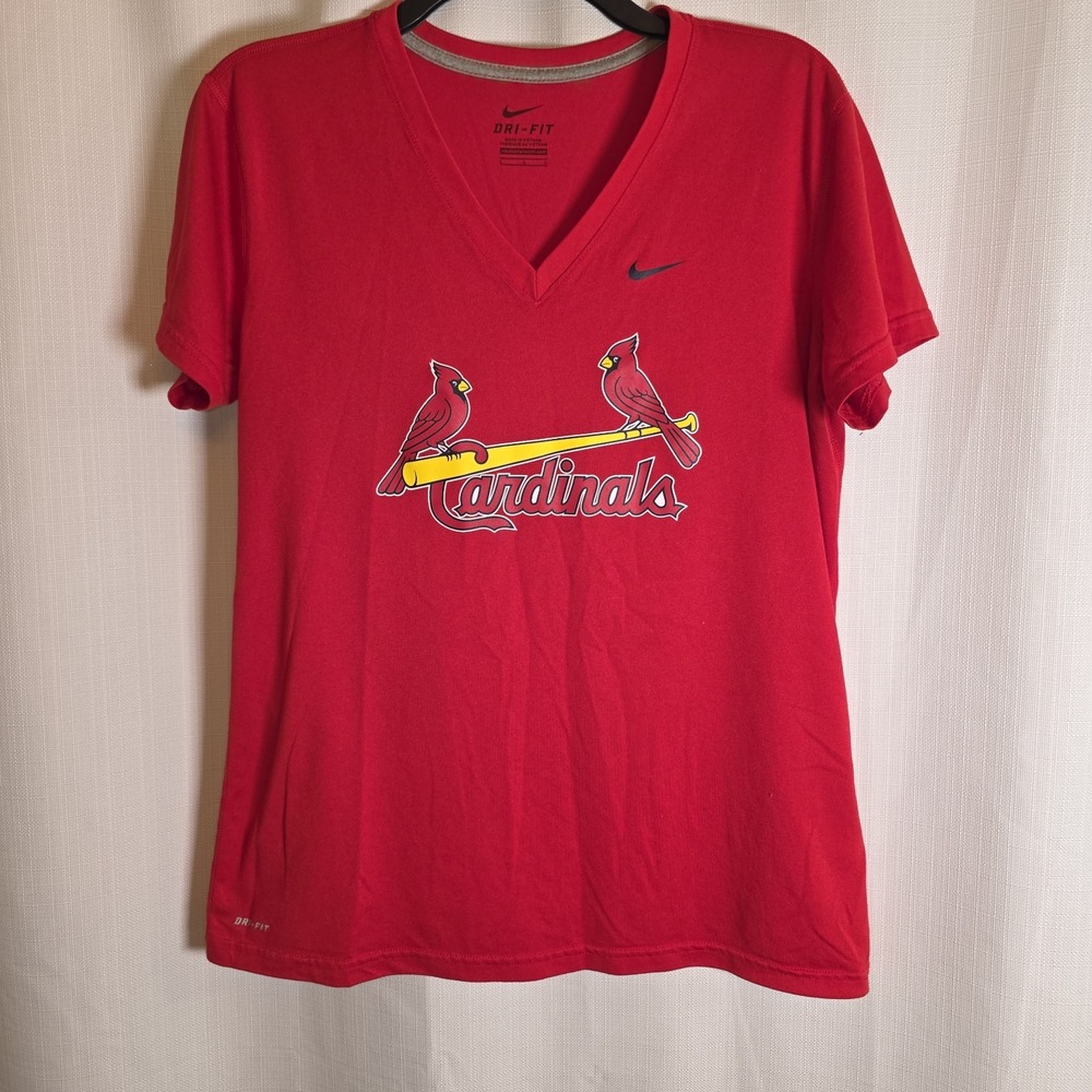 St Louis Cardinals Shirt WOMENS L Nike Dri-Fit Tee Red Polyester MLB V-Neck